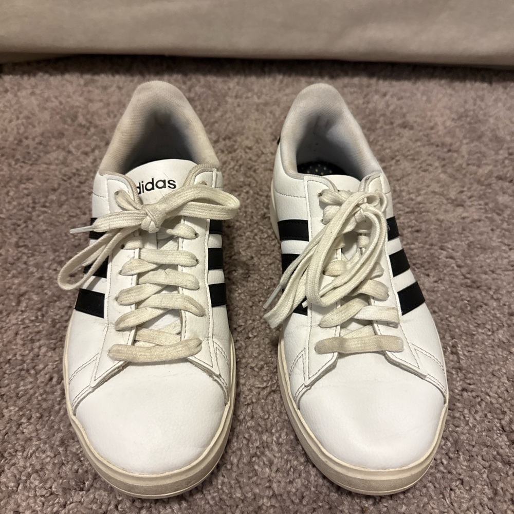 Adidas White Sneakers with Black Stripes | Women’s Size 6.5